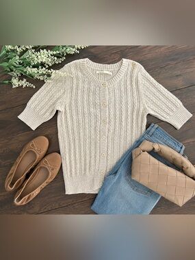 Rubbish Cable Knit Short Sleeve Cardigan Sweater Size Large Oatmeal